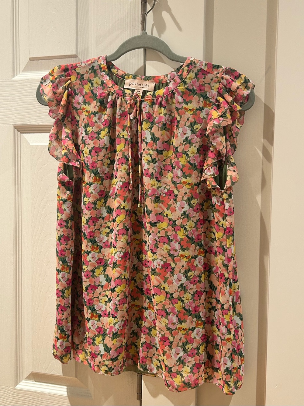 Philosophy Floral Ruffle Sleeve Pullover Top - Pink, Yellow, Green